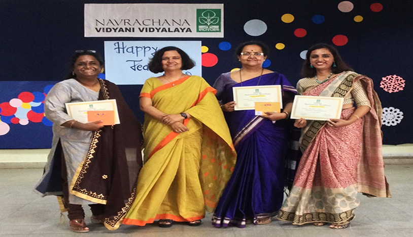 Faculty members Rashmi Monish, Niharika Dhaiphule and Neha Christian felicitated by Principal Dr. Archana Mishra on completing 10 years in the School